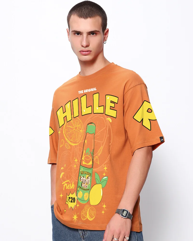 bewakoof Men's Caramel Orange Chiller Graphic Printed Oversized T-shirt